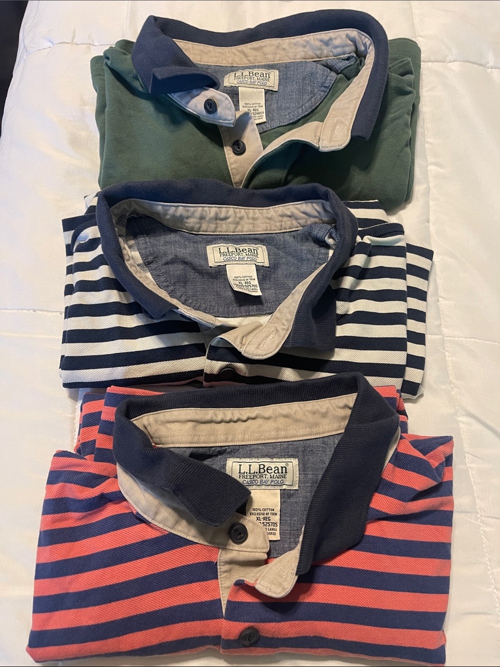 L.L. Bean Men’s Polo Pack - Green, Navy/White Stripe, Pink/Navy Stripe